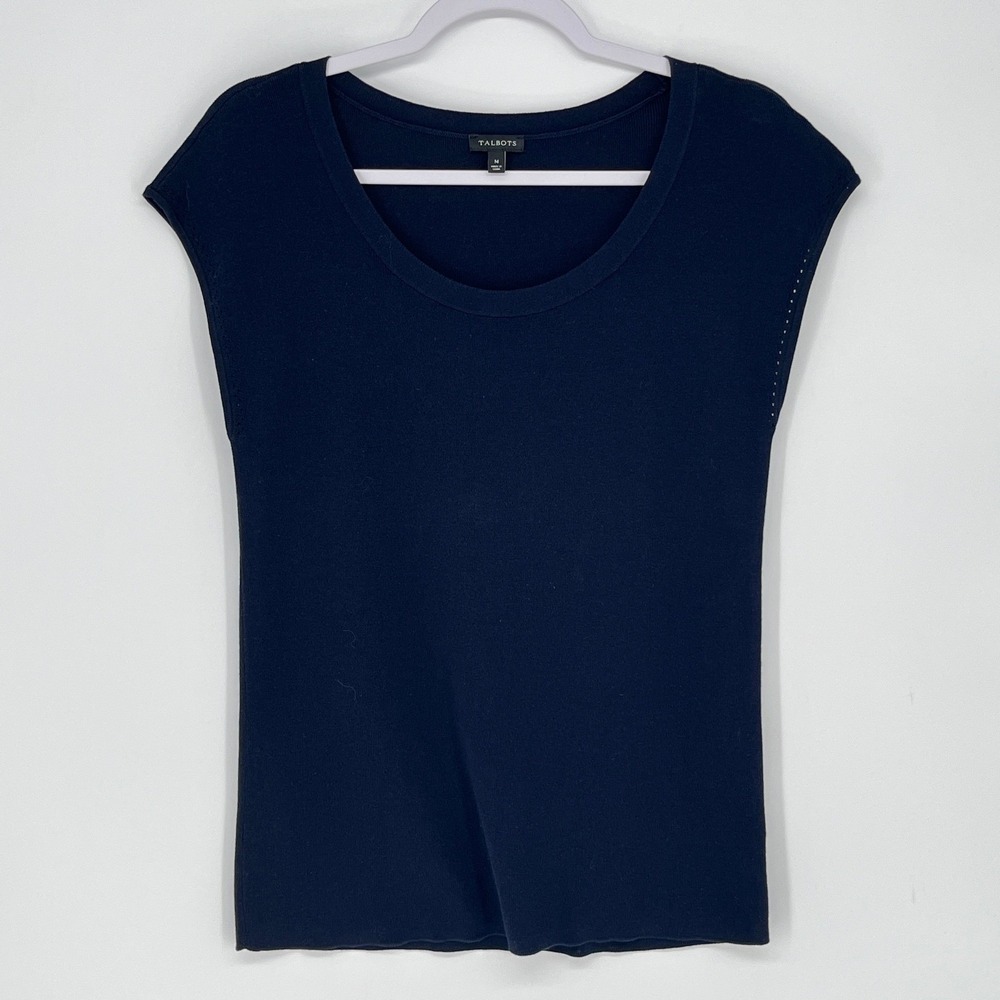 Talbots Navy Blue Knit Shell Top Medium Scoop Neck Cap Sleeve Nautical Preppy - Picture 2 of 7